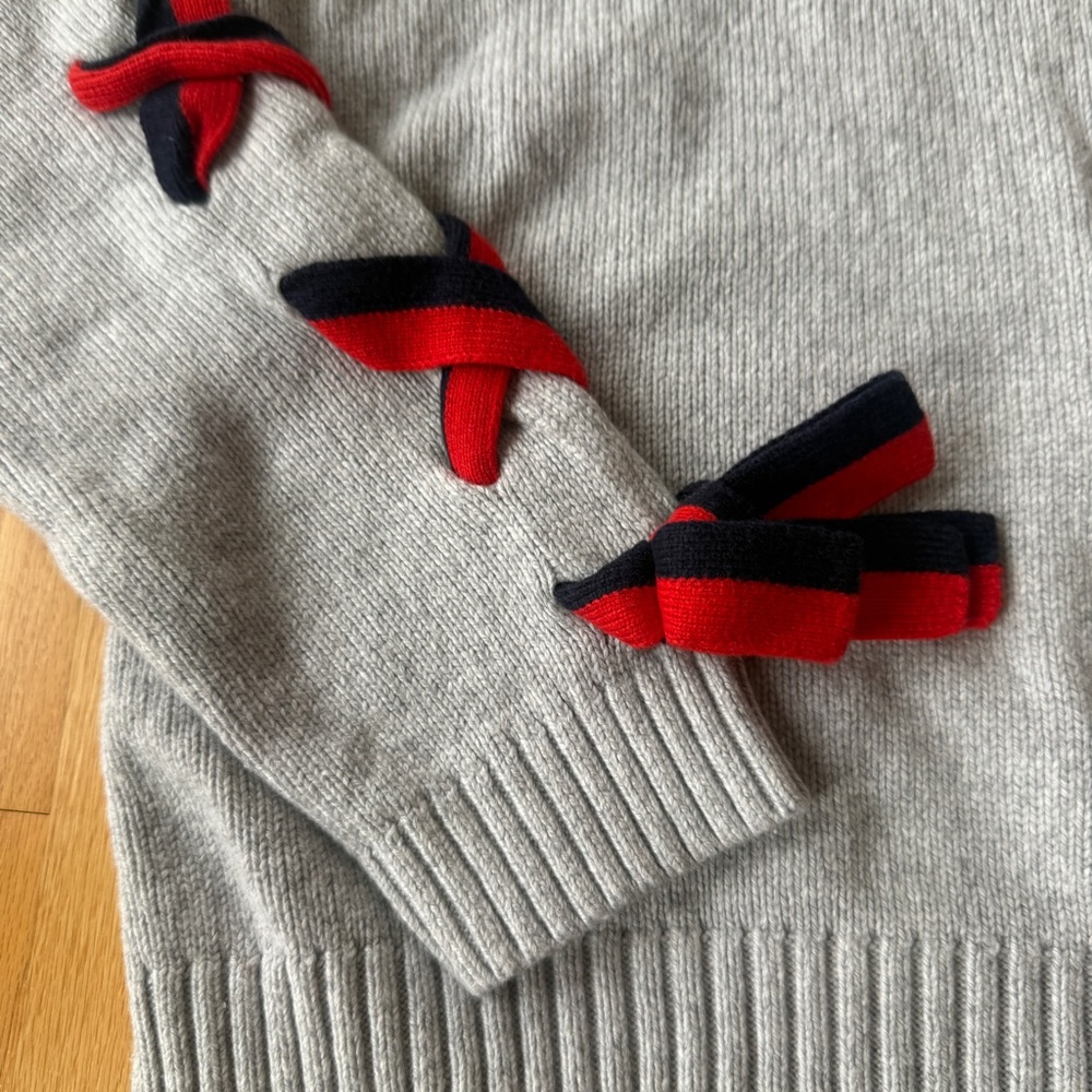 Boden Angelica Sweater Gray W/Red & Blue Ties On Sleeves Knit Crewneck Large - Picture 4 of 7